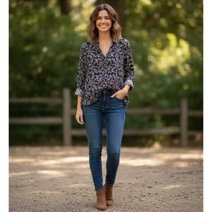 Maeve Floral Button Up Blouse‎ Women's 6 Black Whimsigoth Boho Artsy Whimsical